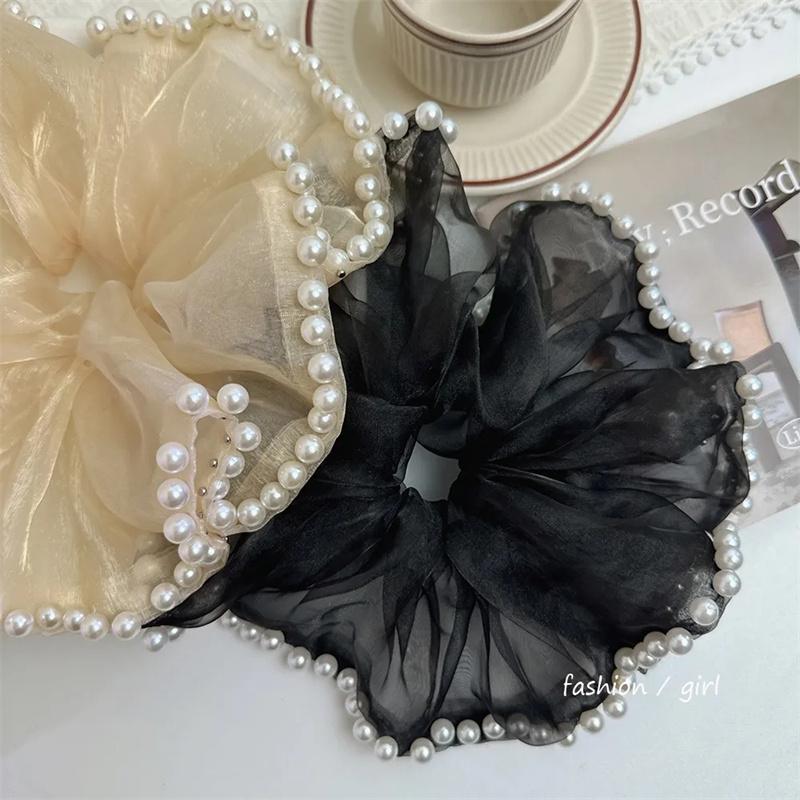 Korean Version Imitation Pearl Mesh Large Size Hair Loop French Style Large Intestine Hair Loop Headrope Women's High-end Lace Headflower