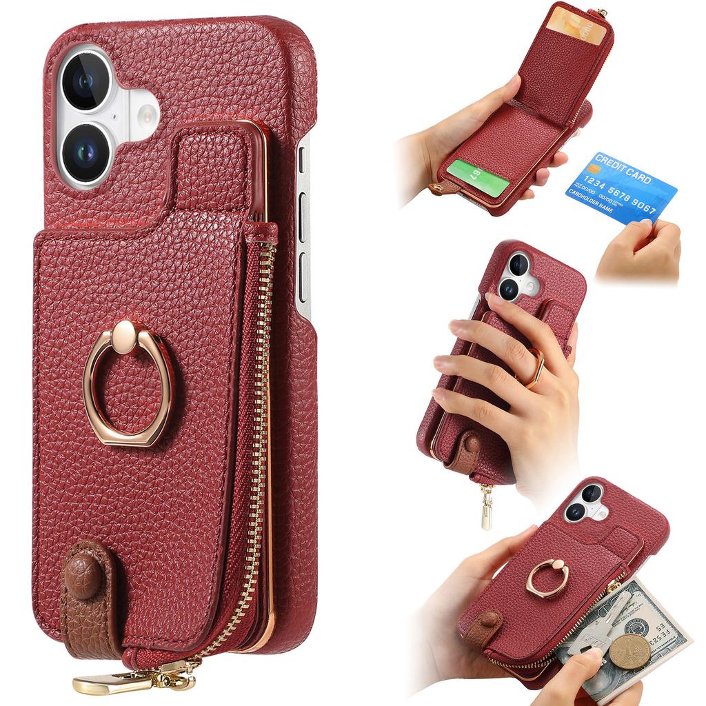 Y3 For iPhone 16 Case Card Holder Kickstand Leather+TPU Phone Cover with Zipper Pocket - Purple