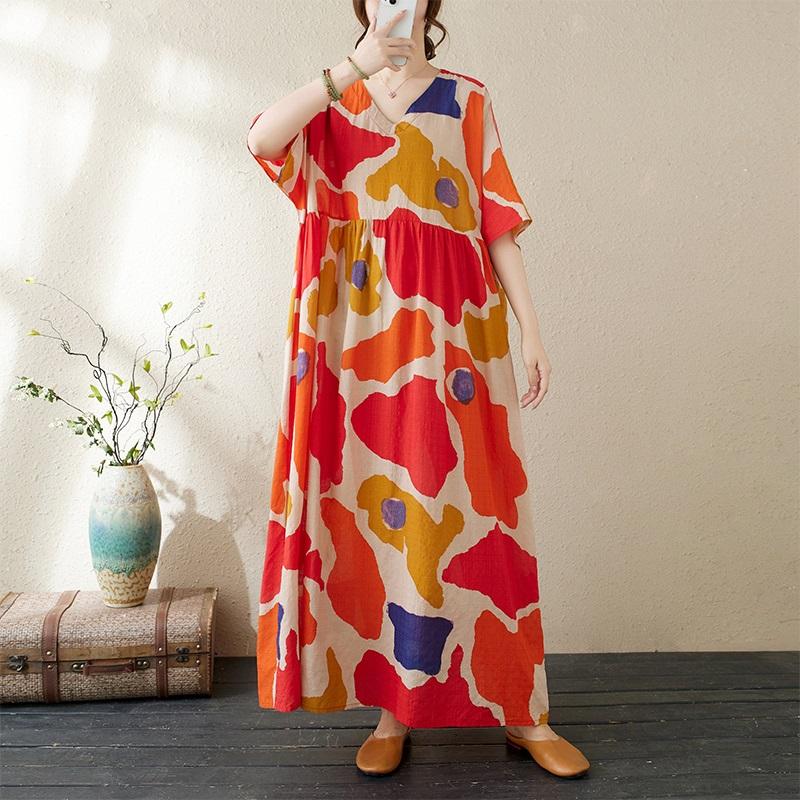 Новое хлопковое платье больших размеров с коротким рукавом и цветочным принтом для женщин, повседневное свободное длинное летнее платье