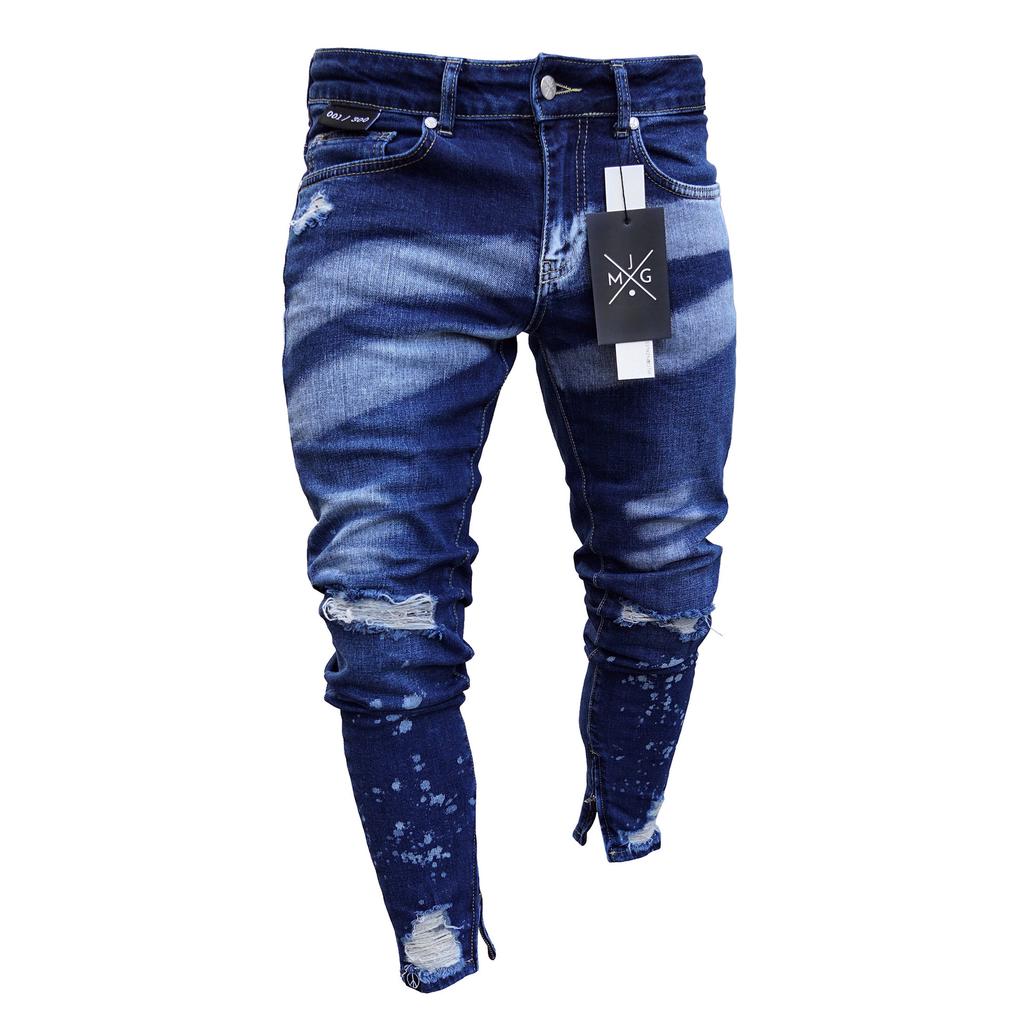 Fashion Denim Pencil Pant Men Ripped Hole Zipper Jeans Casual Stretch Skinny Jeans