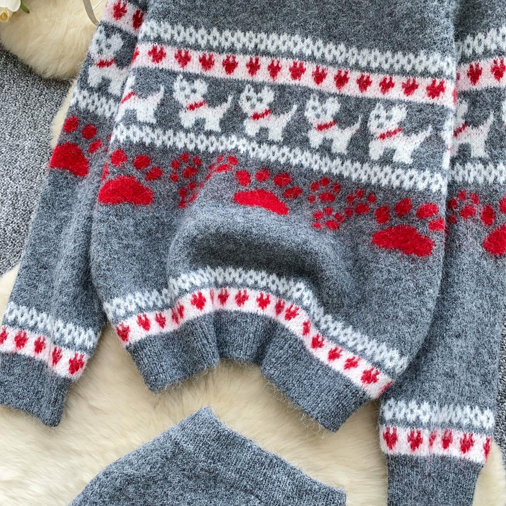 Autumn Winter Women Casual Print Knitted Twist Sweater Two Piece Set Single Breasted Cardigan Jacket and Mini Bodycon Skirt Christmas Outfit