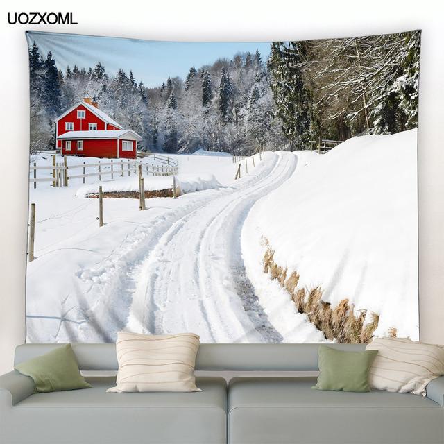 Рождественский гобелен на стене, природный белый лес, снежный настенный большой гобелен для вечеринки, гостиной, спальни, общежития, домашний декор