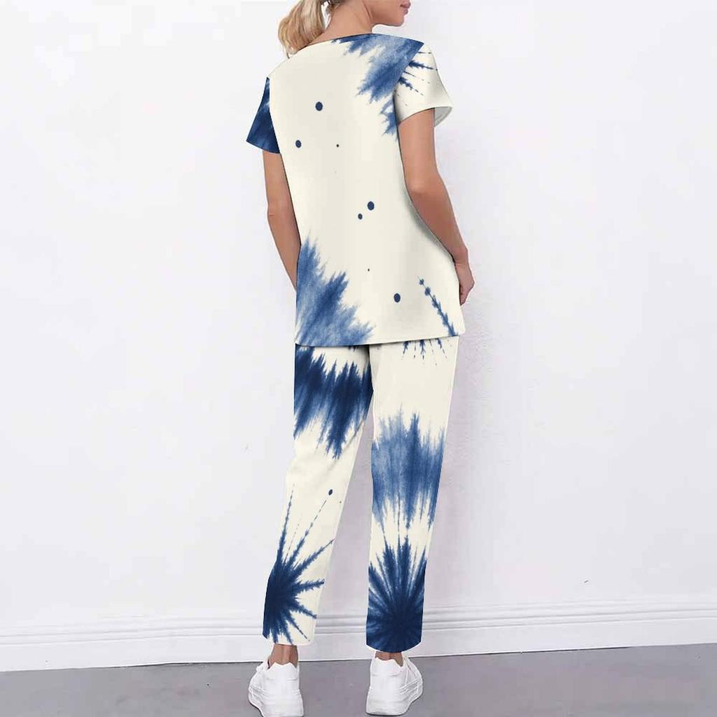 Women Plus Size Blue Cream Printed Scrub Set Cutout Neck Short Sleeve Pocket Top Long Pants Two Piece