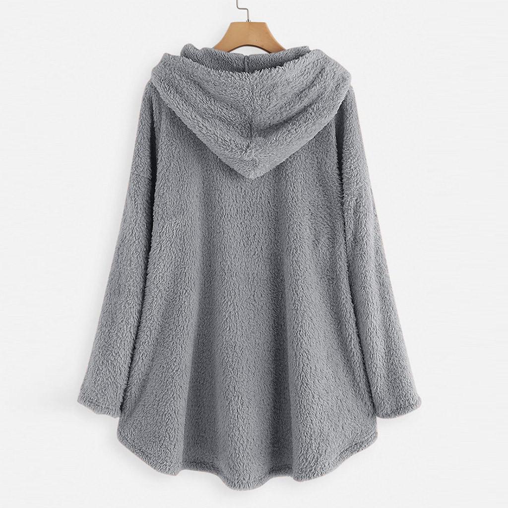 Womens Fleece Cat Embroidery Plus Size Warm Hoodie Top Button Sweater Blouse