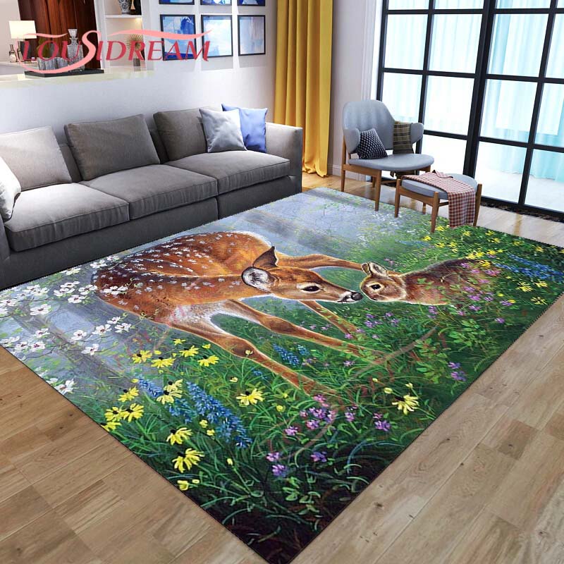 3D мультяшный ковер с оленем, дикая природа, горный пейзаж с лесным ковром для дома, гостиной, ковер с лосем для стирки, детские игровые ковры
