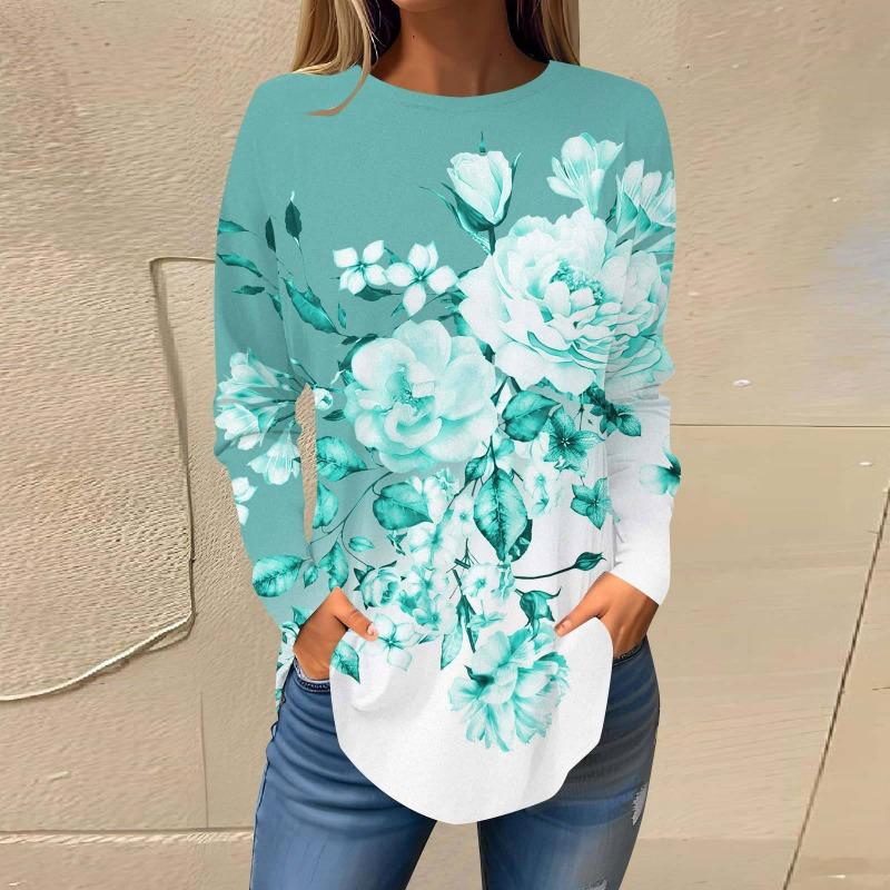 Повседневный топ с круглым вырезом и длинным рукавом, цветочная модная женская футболка большого размера с 3D-принтом, женские осенние свободные топы
