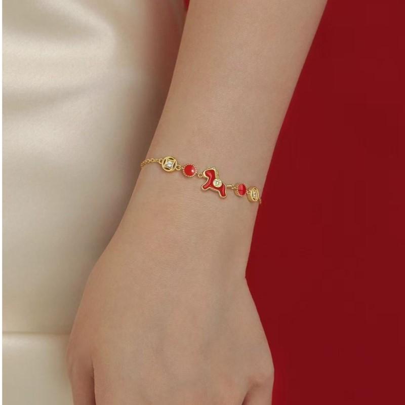 925 Sterling Silver Horse Zircon Bracelet for Women Copper Coin Red Glaze Wealth Aesthetic Jewelry Gift Dropshipping