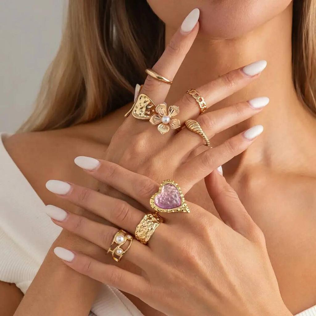 Ingemark 8Pcs/Set Exquisite Luxury Imitation Pearl Open Rings Women Pink Acrylic Rhinestone Heart Ring Couple Jewelry Gifts New