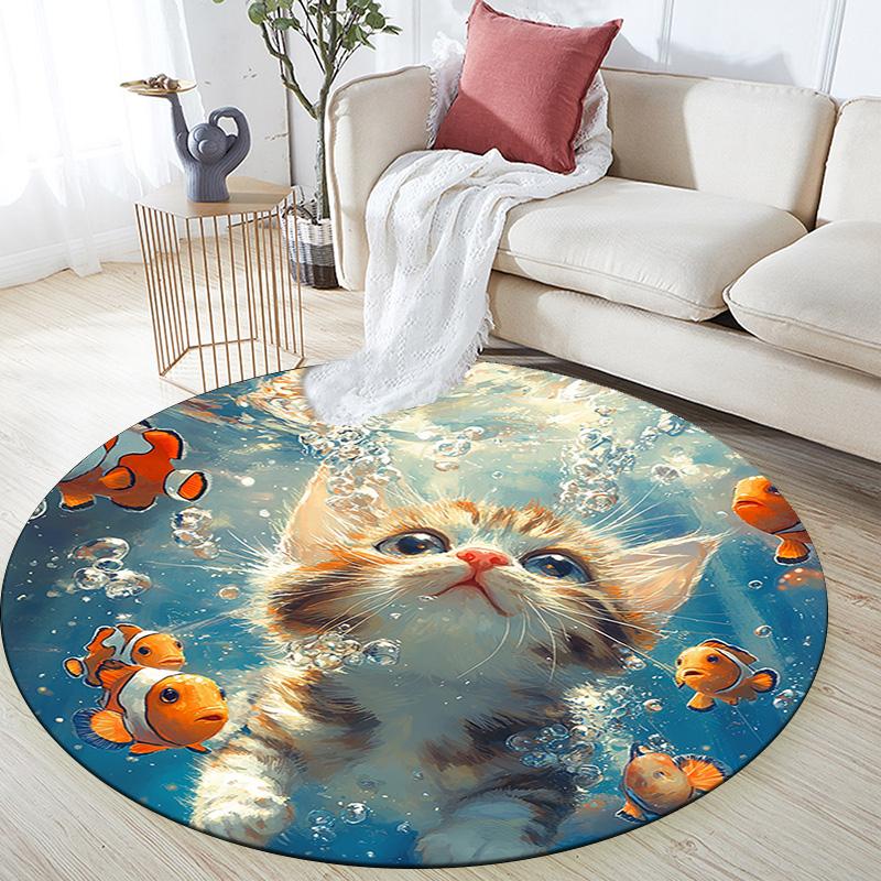 Kitten Clownfish Round Area Rug,Carpet Rug for Living Room Bedroom Sofa Playroom Decor,Non-slip Floor Mat
