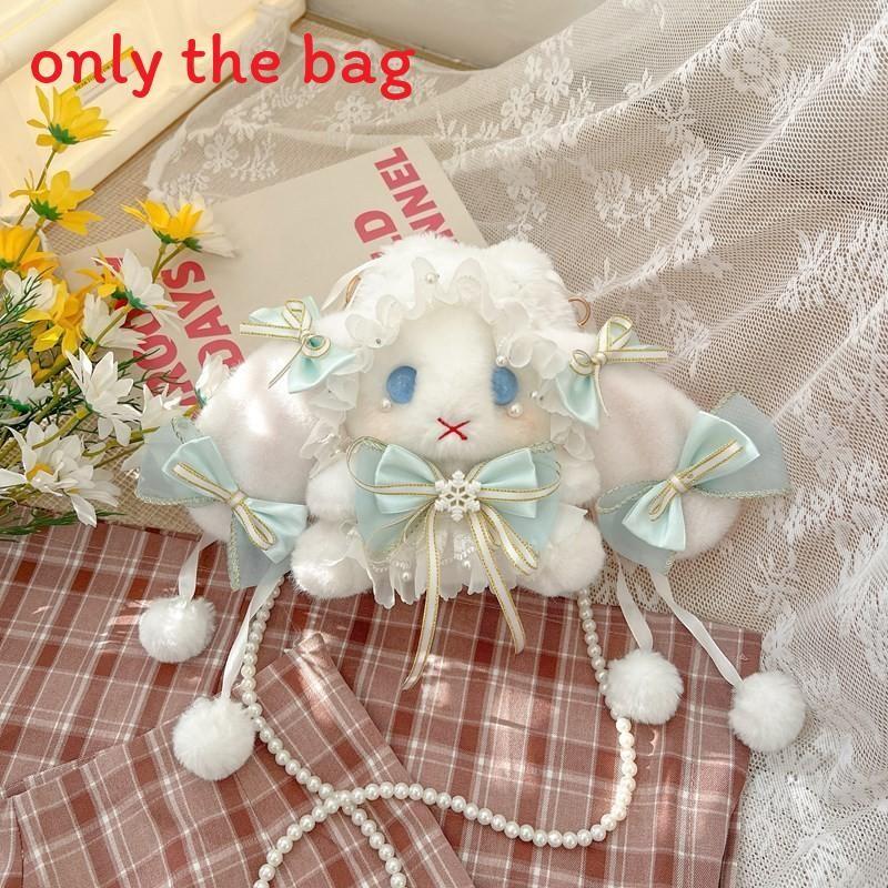 Plush Rabbit Lolita Shoulder Bag With Lace Bow Design And Faux Pearl Shoulder Strap For Daily Use