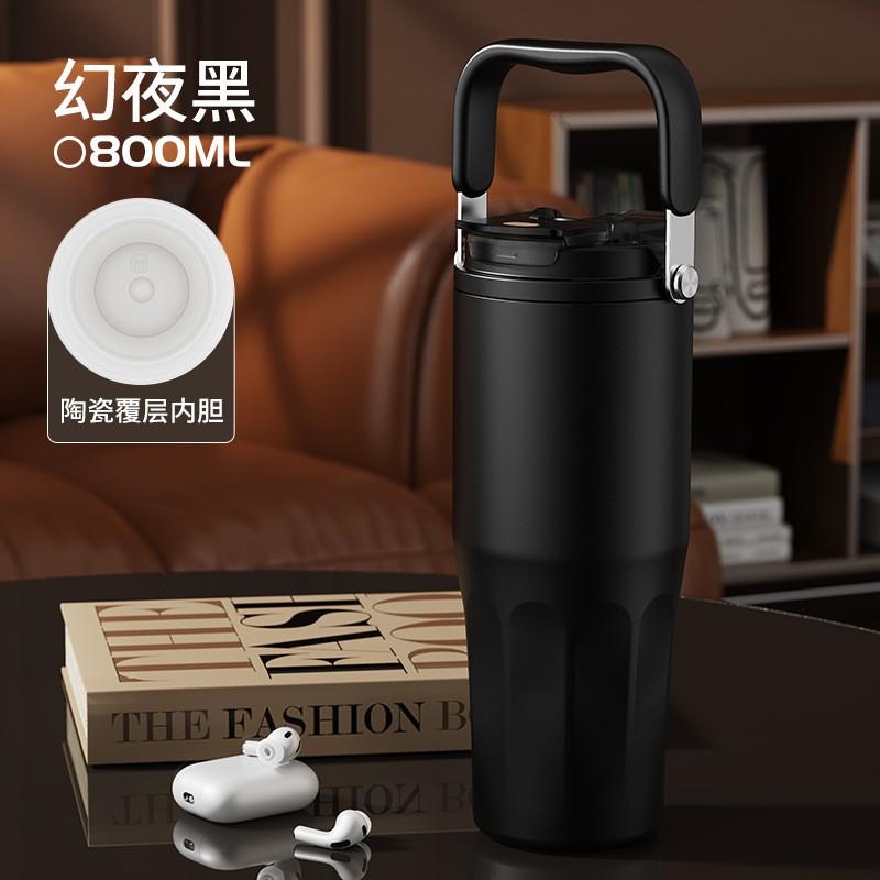 800ml Vacuum Insulated Ceramic Lined Stainless Steel Travel Mug With Dual Lid Handle Outdoor Car Use