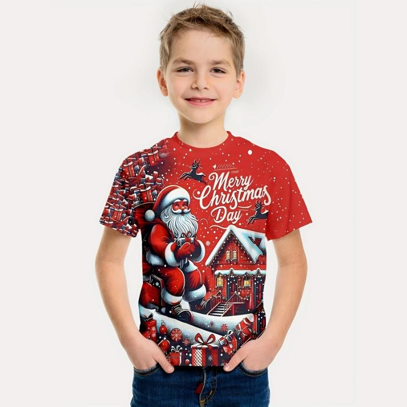 Детская одежда Забавная футболка с 3D-принтом Санта-Клауса Рождественские футболки с коротким рукавом для мальчиков и девочек 2-10 лет Рождественский подарок для детей Топ