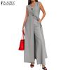 ZANZEA Womens Casual Long Vest and Pants Summer Two Piece Suit Sets