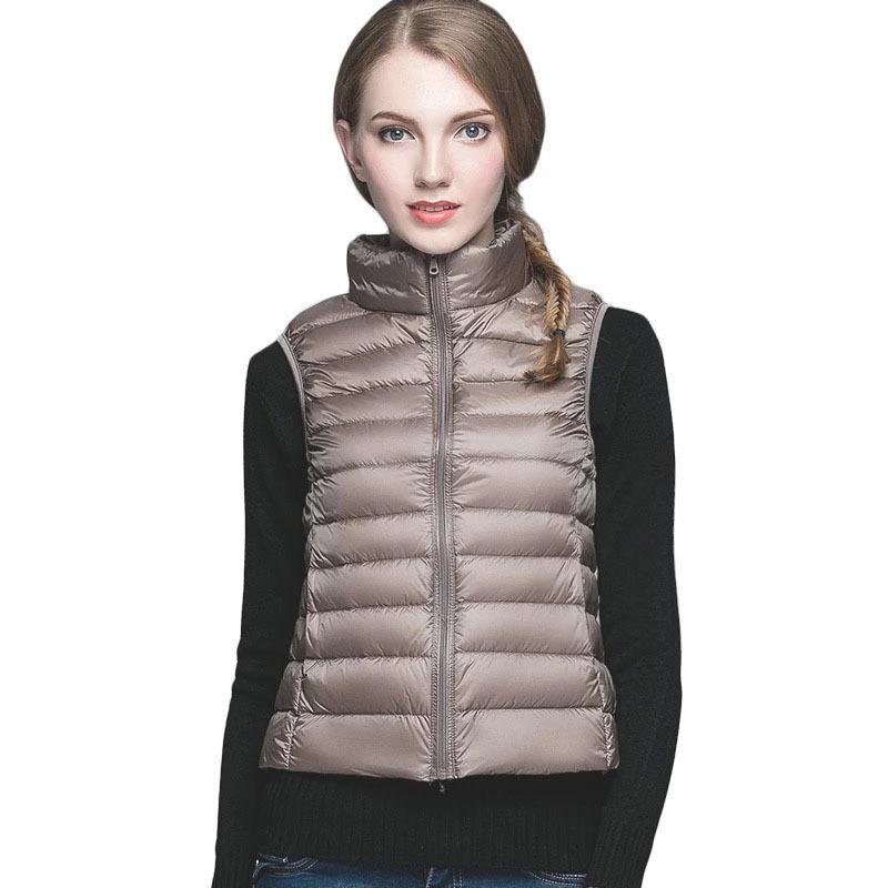 Women Autumn Stand Collor Solid Color Sleeveless Zipper Slim Lightweight Down Vest M-4XL