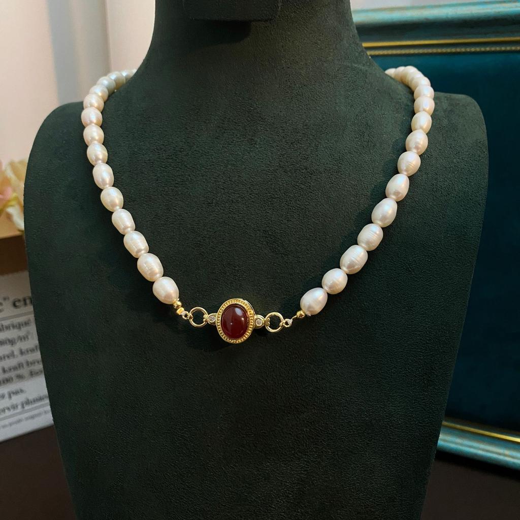 New Arrival Trendy Red Agate Stone Natural Freshwater Pearl 14K Gold Filled Lady Short Chain Necklace Promotion Gifts No Fade