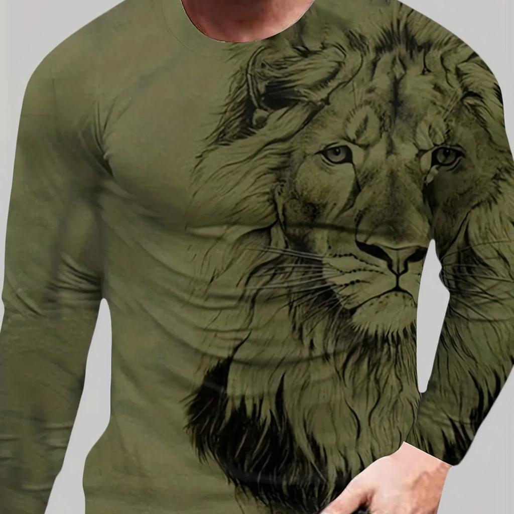 Men's Portrait Lion Print Long Sleeve Autumn T Shirt Pullover Comfortable Fit Street Casual Shirt Bottom Top Plus Size