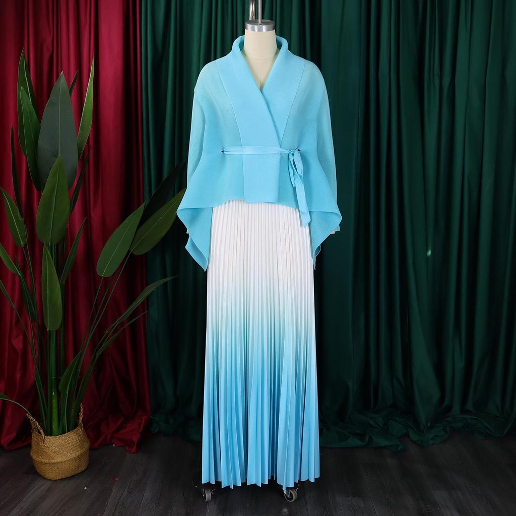 European & American Fashion Pleated Top and Gradient Swing Skirt Two-Piece Set