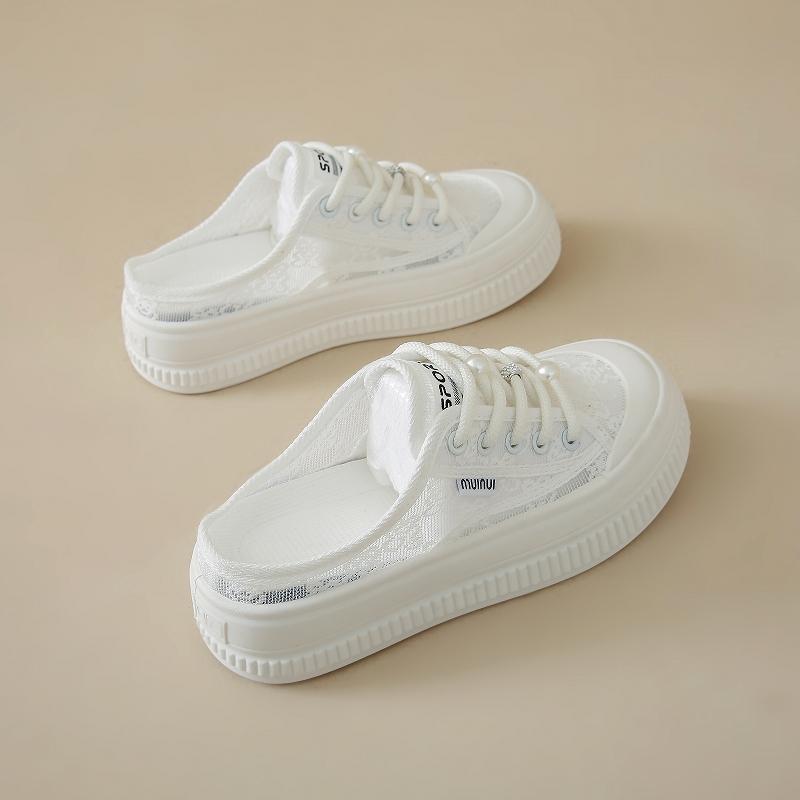 CRLAYDK Summer Women's Lace Comfortable Slip On Mules Mesh Skate Slippers Ladies Backless Slide Loafers Casual Platform Shoes