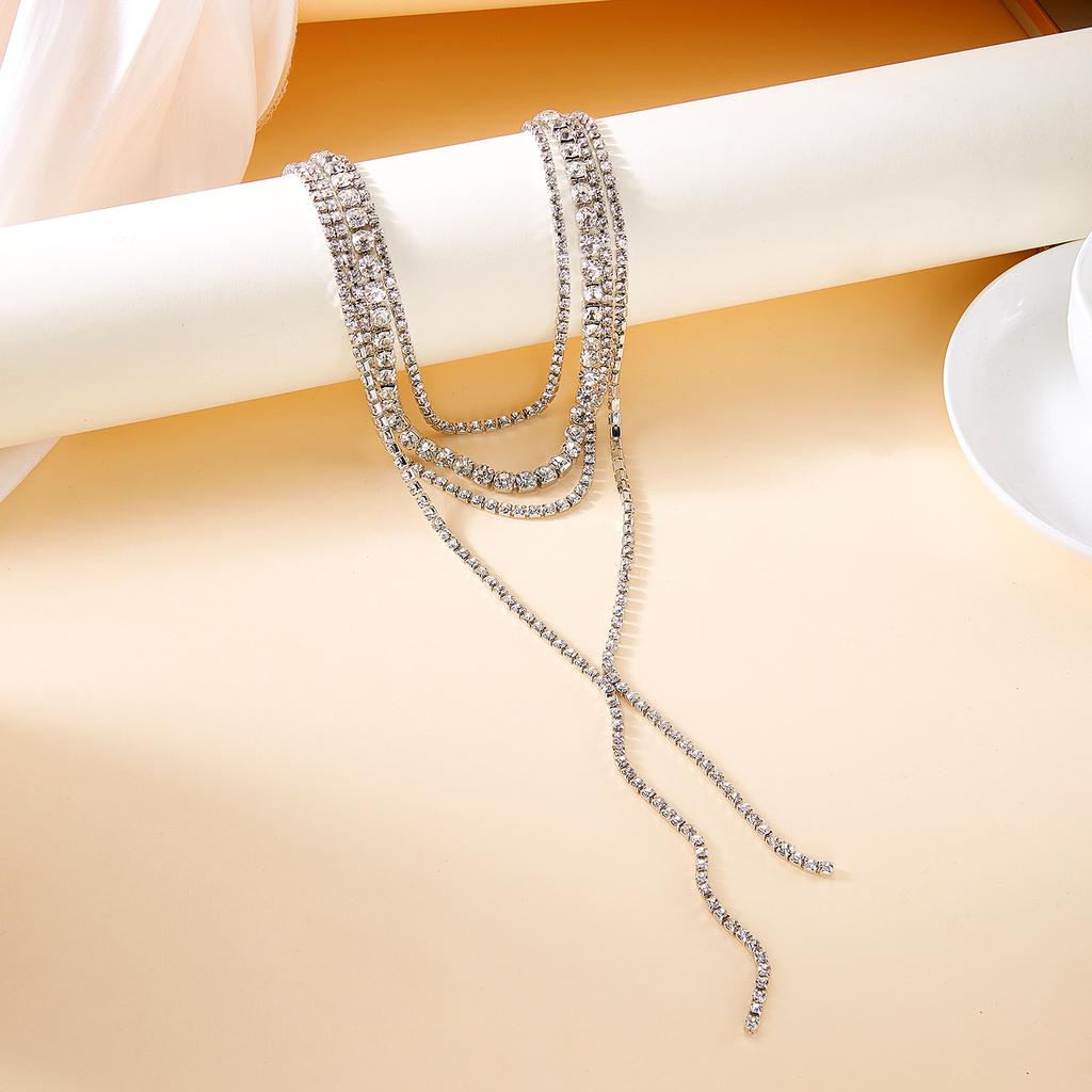 Fashion Full Rhinestone Long Tassel Choker Necklace for Women Multi-layer Y-shaped Collar Wedding Party Jewelry Neck Accessories