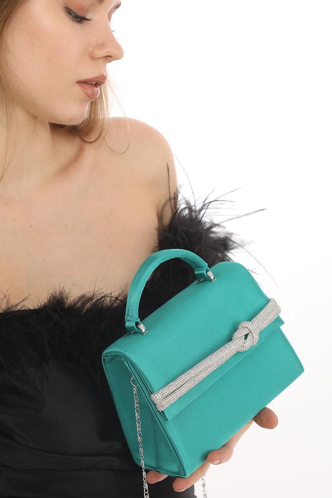 Women's Stylish and Useful Evening Dress Bag Black Color Suede Material Stone Accessory Magnetic Closure Shoulder Strap Available (Small Size)