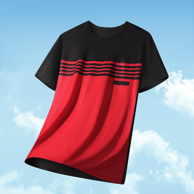 Мужская футболка большого размера с цветовыми блоками из ледяного шелка, с круглым вырезом - Прохладный летний спортивный топ