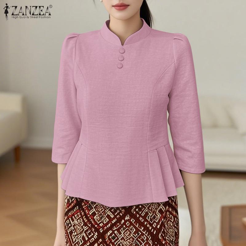 ZANZEA Женская повседневная блузка в стиле ретро со стойкой и рукавом 3/4