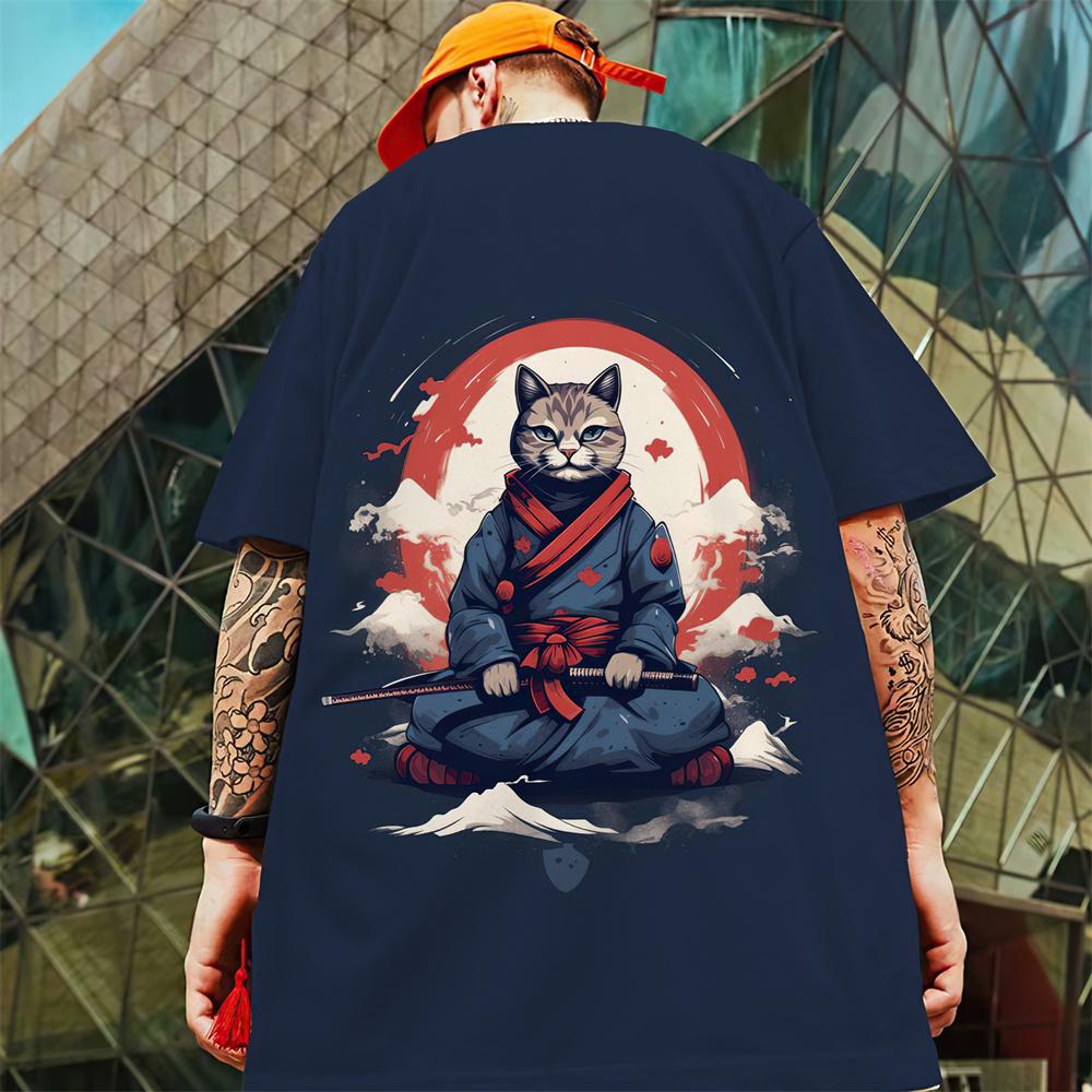 Новая мужская футболка с 3d самурайским котом, футболка с короткими рукавами, лето 2024, быстросохнущие повседневные футболки, топы, повседневная футболка большого размера для мужчин