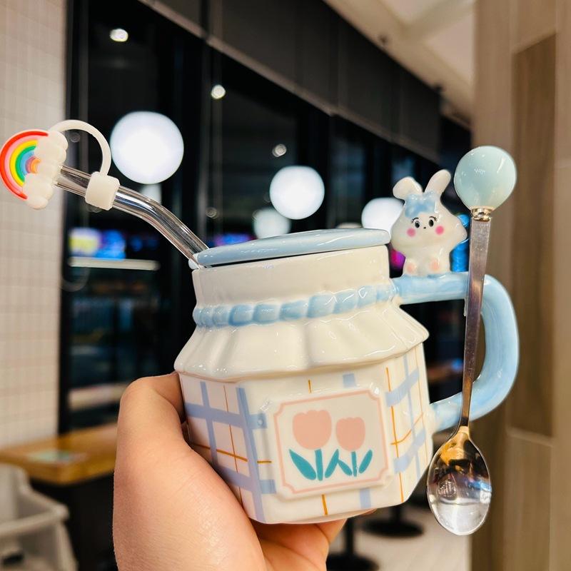 Пара кроликов Чашка-тюльпан Сувенир Подарок на день рождения Девочка Офисная чашка для воды Керамическая кружка с крышкой