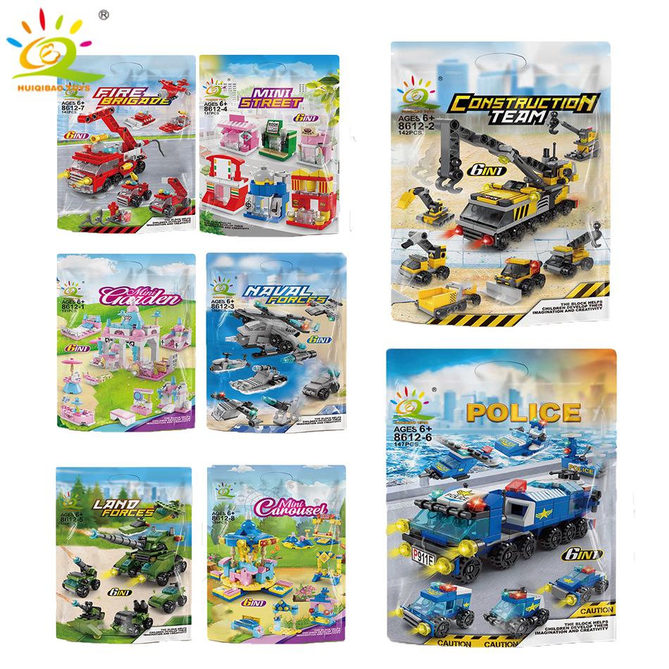 HUIQIBAO 6IN1 City Fire Car Police Truck Engineering Crane Building Blocks Tank Helicopter Bricks Set Toys for Children