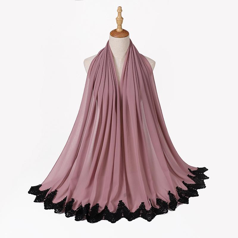 Новый жемчужный шифон Малайзия Мода Черные кружевные шарфы Мусульманский шаль Однотонный мягкий тюрбан Повязки на голову