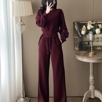 Женский повседневный спортивный костюм для通勤 2025 – Осенне-зимний свитшот и брюки широкого кроя, модный комплект-двойка