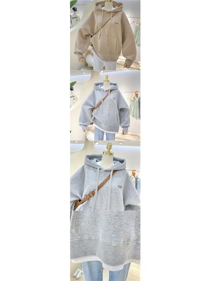 Women's Fleece-Lined Patchwork Hooded Sweatshirt - 2025 Autumn/Winter Korean Style Embroidered Loose Fit