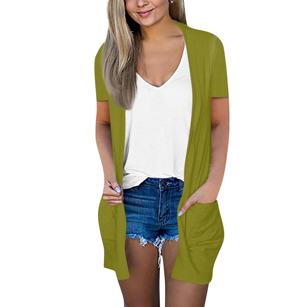Women's Fashion Loose Casual Pocket Solid Color Cardigan Short Sleeve Jacket Top