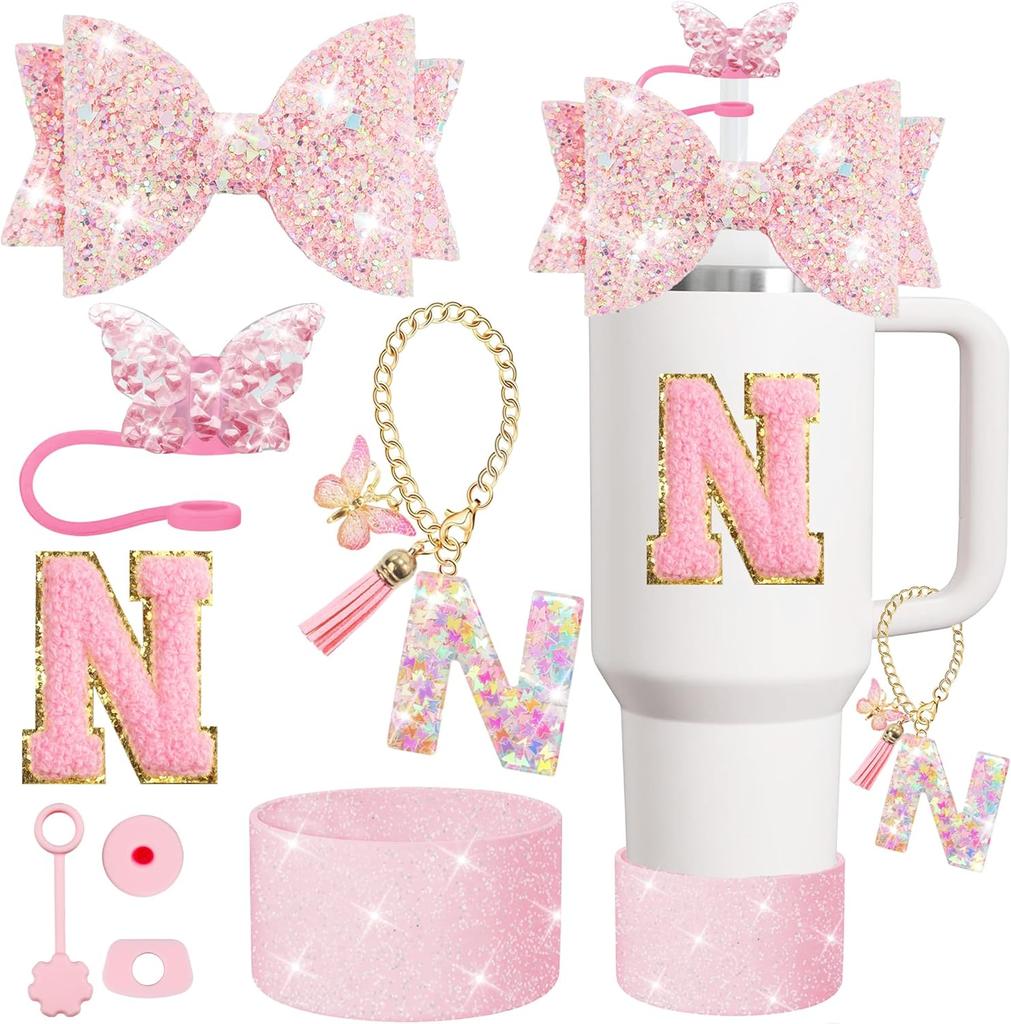 Набор из 8 предметов аксессуаров для стакана Stanley 30 унций 40 унций: топпер для соломинки, крышка-заглушка, чехол-ботинок, заглушка от проливания, подвеска-шарм, наклейка с инициалами