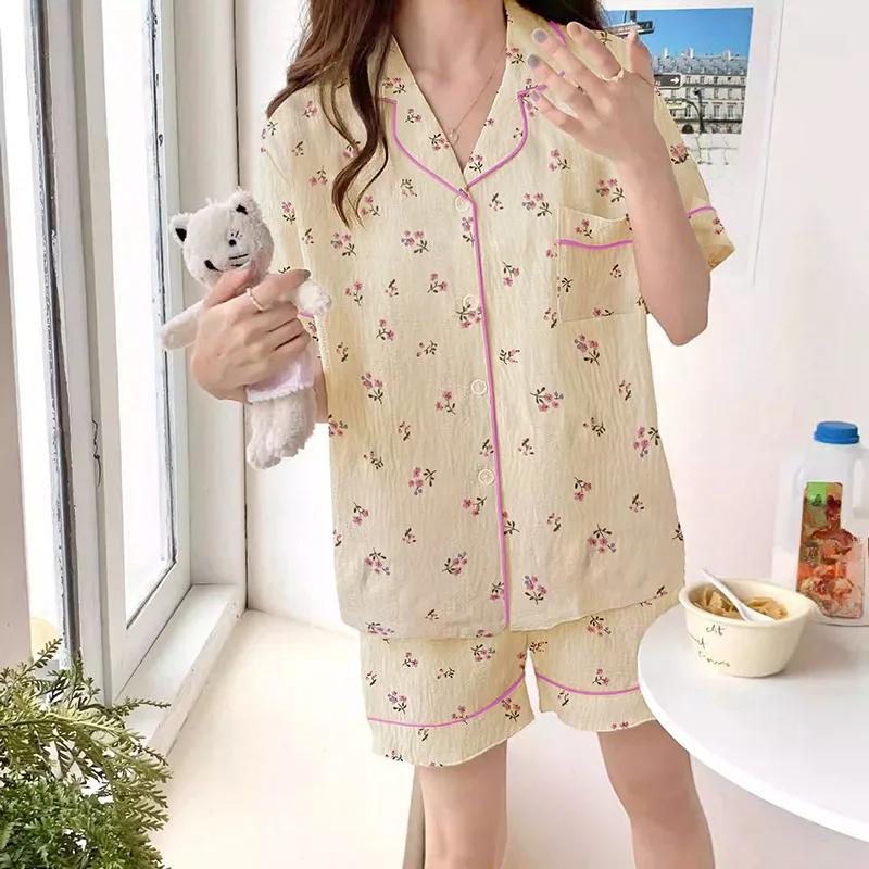 Летняя новая женская хлопковая пижама, комплект домашней одежды, милая цветочная пижама с короткими рукавами, комплект домашней одежды для девочек, студенческая домашняя одежда