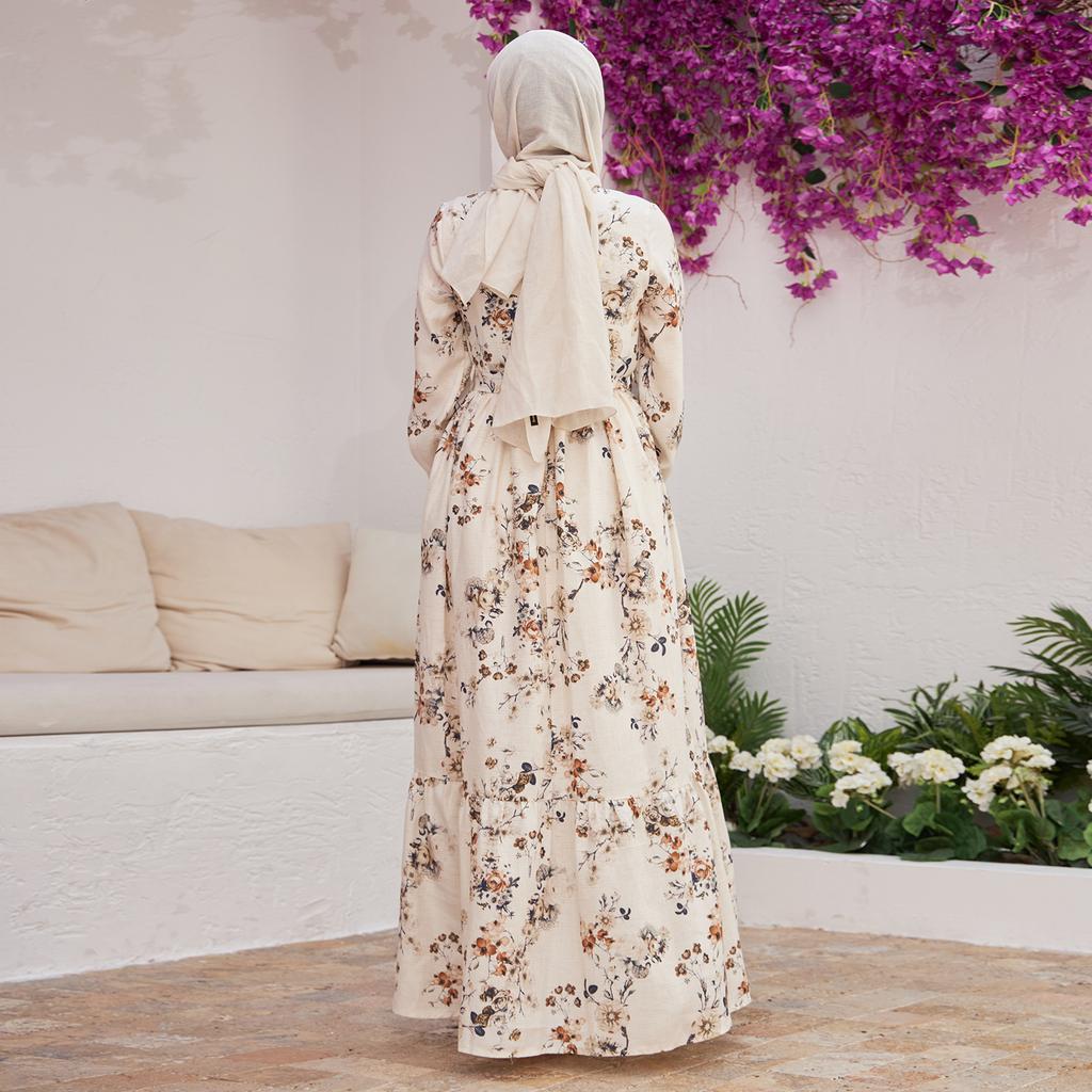 Женское льняное платье с цветочным узором, летнее исламское мусульманское платье с длинным рукавом и поясом, Абая, новый сезон, на подкладке, сделано в Турции