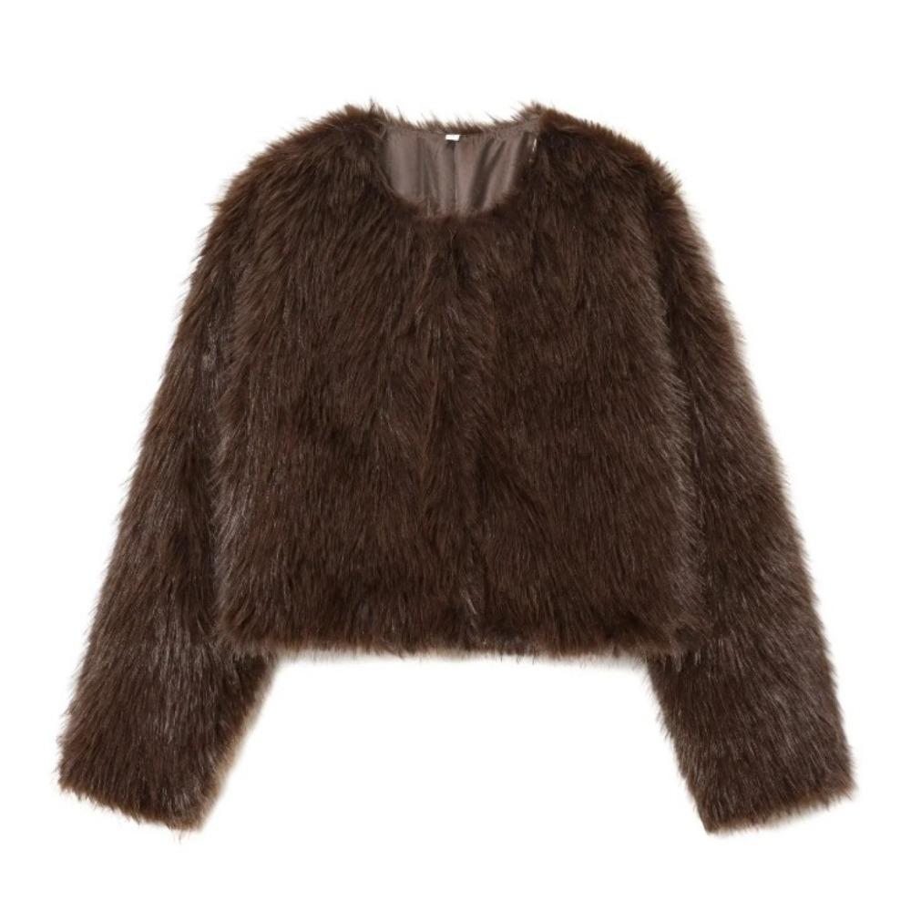 Модная женская куртка из искусственного меха с эффектом искусственного меха, с круглым вырезом и длинными рукавами, короткая