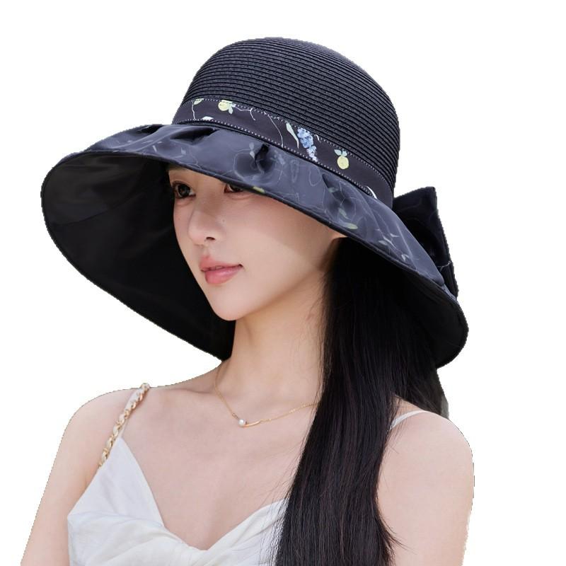 Taizhou Wenling summer hat women's printed grass top breathable bucket hat big brim shows small face high-end sun protection hat