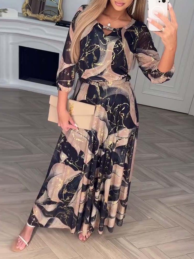 2025 Европейская и американская мода Платье с цветочным принтом, рукавом семь восьмых и сборкой на талии для женщин.