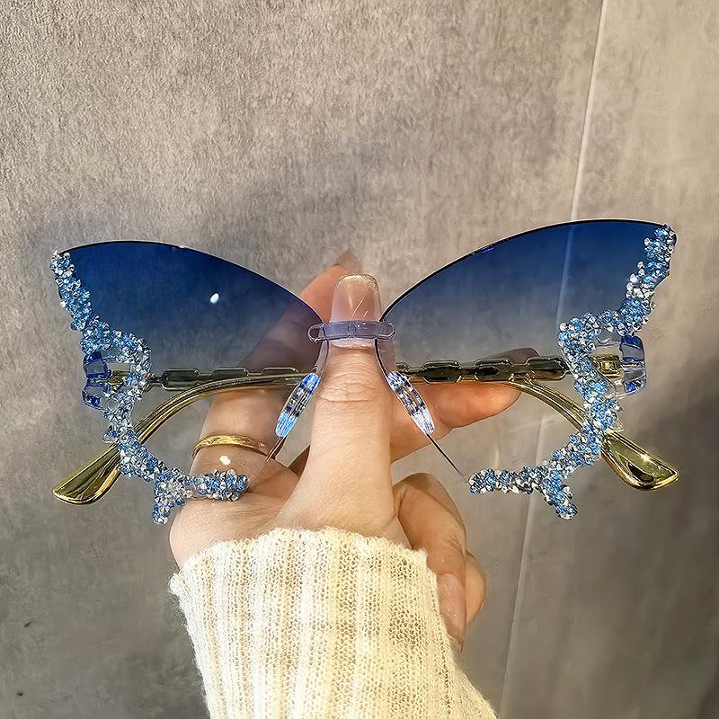 Солнцезащитные очки без оправы с бриллиантами в форме бабочки для женских вечеринок, танцев и показов мод