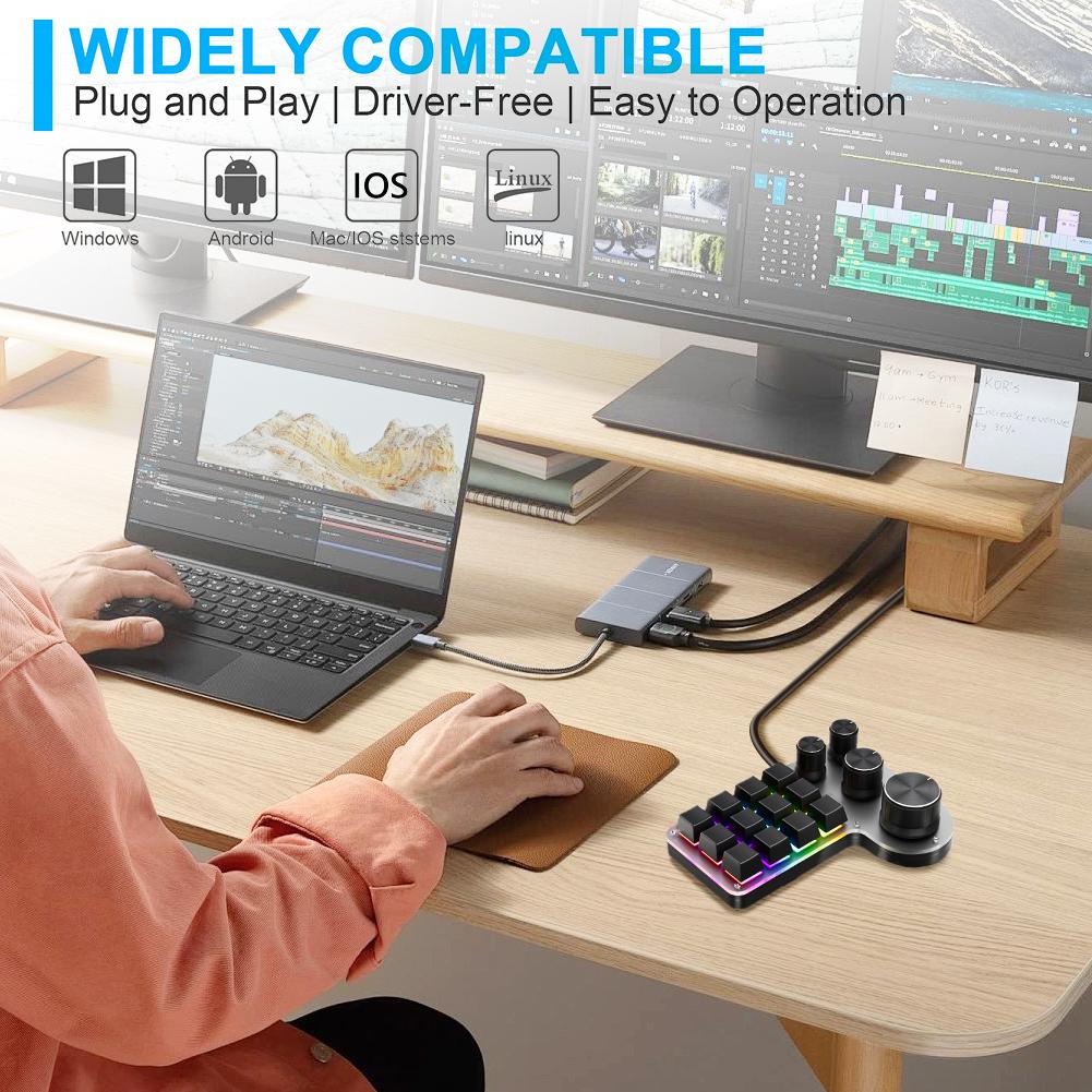 12 Keys 4 Knobs Mechanical Macropad Hot-swap USB Wired/Bluetooth-Compatible Photoshop Gaming Keypad Red Switch for Office Gaming