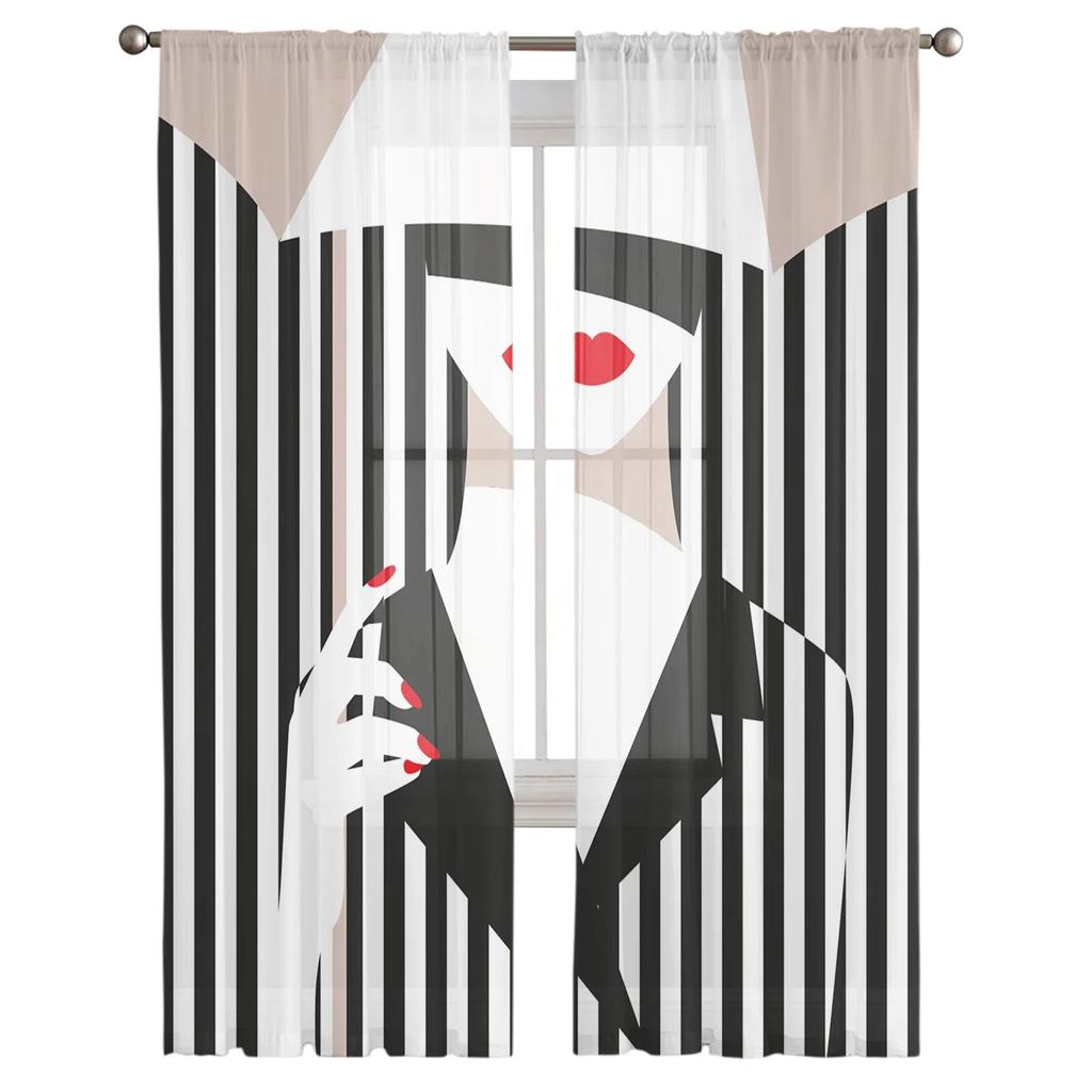 Женский зонтик в полоску, помада, тюлевая занавеска, домашний офис, декор окна, спальня, кухня, балкон, современная прозрачная занавеска