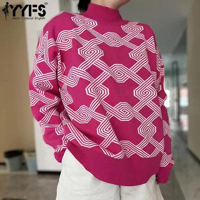 Женская мода повседневная осень-зима с геометрическим принтом, длинный рукав, высокий ворот, свитера