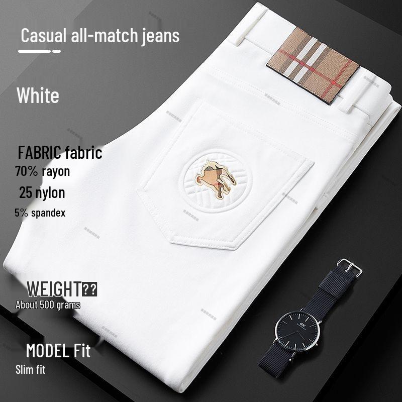Белые мужские джинсы слим-фит, устойчивые к складкам - Стирка, прямой крой, Business Casual, легкая роскошь, модный бренд для осени и зимы.