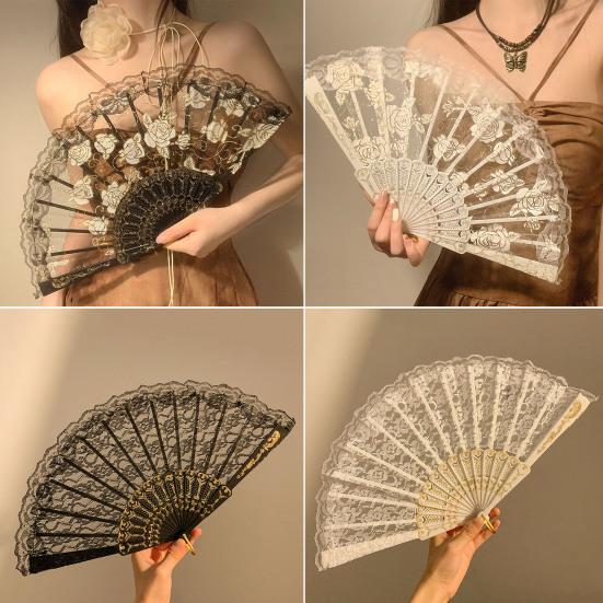 Складной веер с кружевной розой, винтажный, легкий, портативный, летний, ручной, украшение для танцевального представления, аксессуары для вечеринок