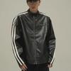 Men's Trendy Striped Leather Jacket - Retro Stand Collar, Loose Fit, Cool Motorcycle Style for Spring, Autumn, and Winter.