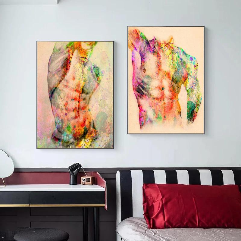 Watercolor Oil Painting Canvas Poster Sexy Nude Man Abstract Body Prints Wall Art Pictures for Room Decor Home Wall Decoration