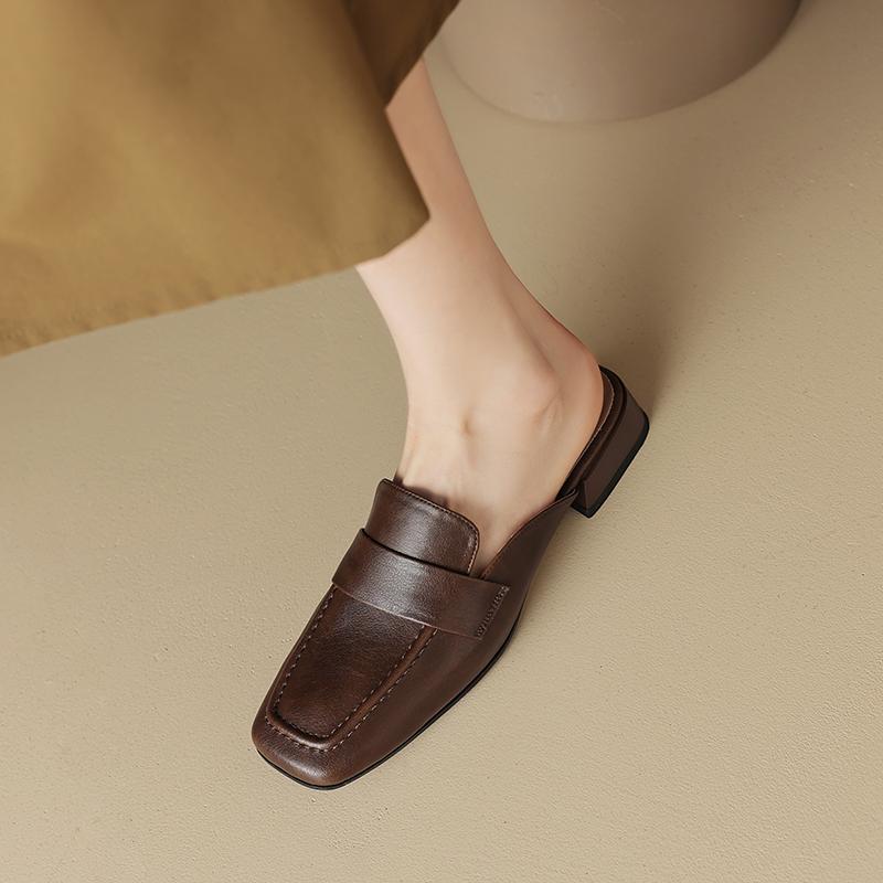 Мода 2025 Лето Женские Мюли Натуральная Кожа Женская Обувь Квадратный Носок Низкий Каблук Обувь Закрытый Носок Слипоны Женские Сандалии Ретро Шлепанцы