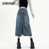 Vintage Denim Half-body Skirt Straight High-waisted Denim Half-body Skirt for Women Front Split A-line Package Hip Pear-shaped Medium-length Skirt