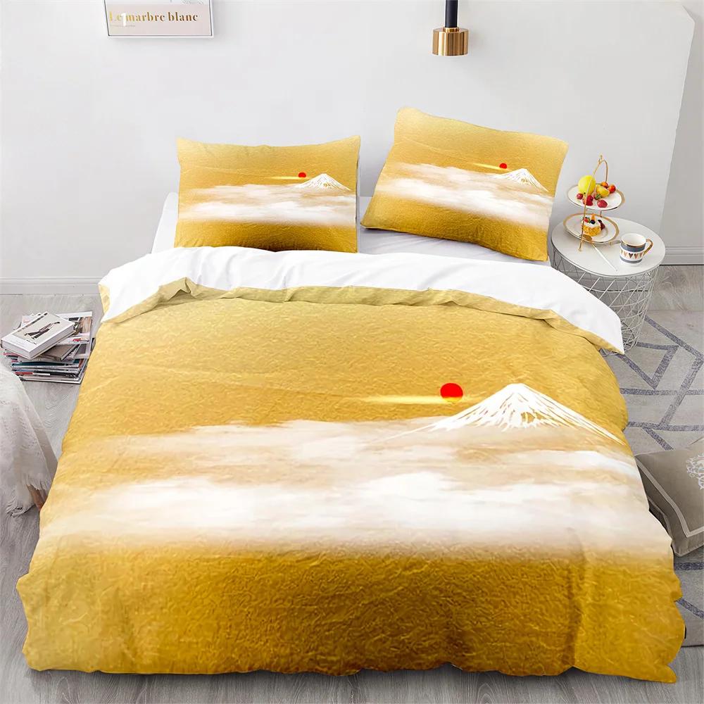 Комплект постельного белья в японском стиле Ukiyo-e из полиэстера с изображением цветущей вишни и снежных гор, пододеяльник King Queen Full Size